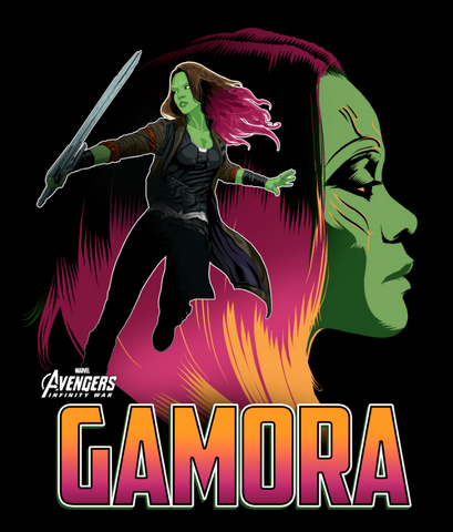 Gamora portrait portrayed alongside her figure ready to fight and her name
