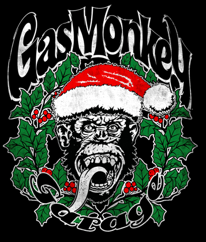 Gas Monkey Garage surrounds the green wreath and the chimp in a Santa hat