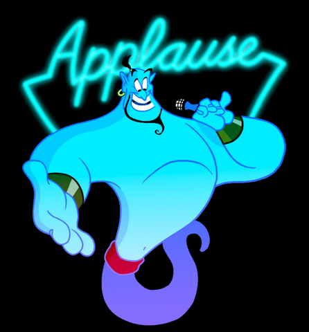 Genie has a mic in hand and a blue neon sign that says, "applause" behind him