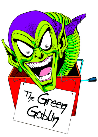 terrifying cartoon of the Green Goblin is portrayed as a jack-in-the box with "The Green Goblin" written below him