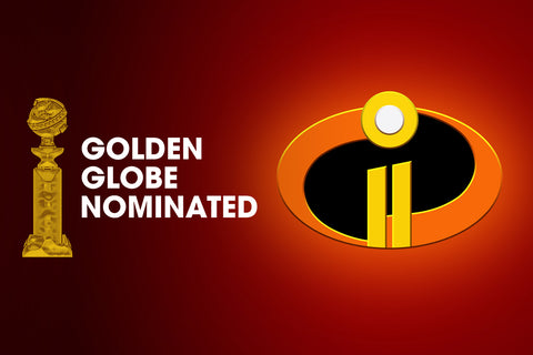 Incredibles logo next to Golden Globe nomination trophy