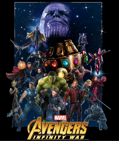 Superheroes from Infinity War are portrayed across a starry night while Thanos looms above