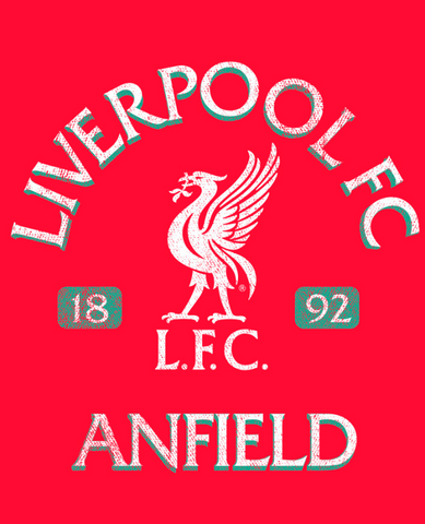 Distressed Liverpool logo and white text, "Liverpool FC Anfield" on bright red background