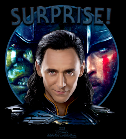 Loki smirking in front of Thor and Hulk with the text, "surprise!" 