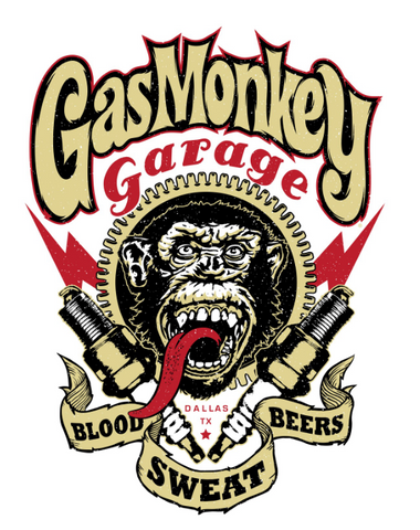 A beige and red print on the front of the chimp features the Gas Monkey Logo and "Blood Sweat Beers" 