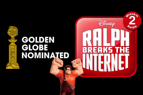 Ralph stands with his fists up next to the Golden Globe Nomination trophy