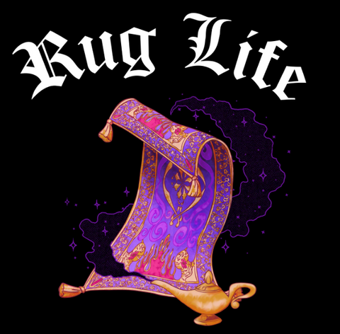 Lamp and carpet from Aladdin with the text, "rug life" above them