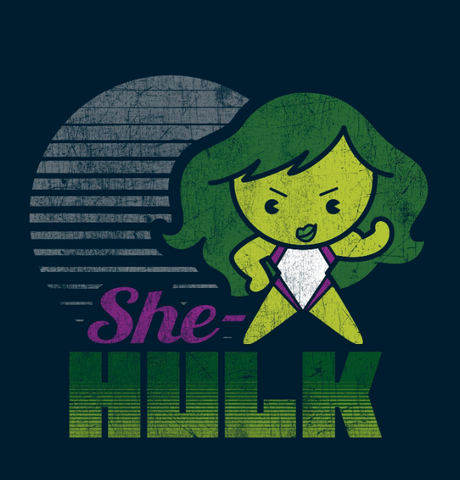 distressed print of She Hulk as an adorable kawaii cartoon