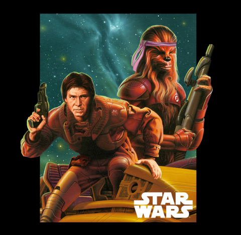 detailed print of Han and Chewie portray them ready for battle