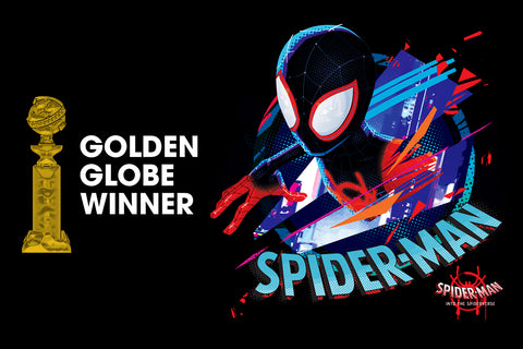 Spider-Man Into the Spiderverse next to the Golden Globe Winner trophy