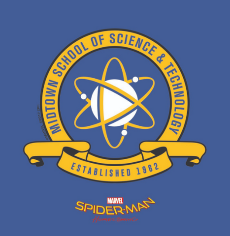 Peter Parker's prestigious high school's crest is encircled by "Midtown School of Science & Technology Established 1962" in yellow