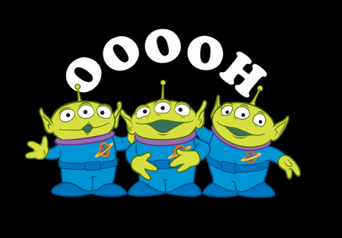 the three squeeze aliens from toy story standing with their mouths open and the text, "ooooh"