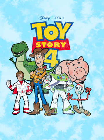 distressed toy story 4 characters standing in front of the logo on a cloud backdrop