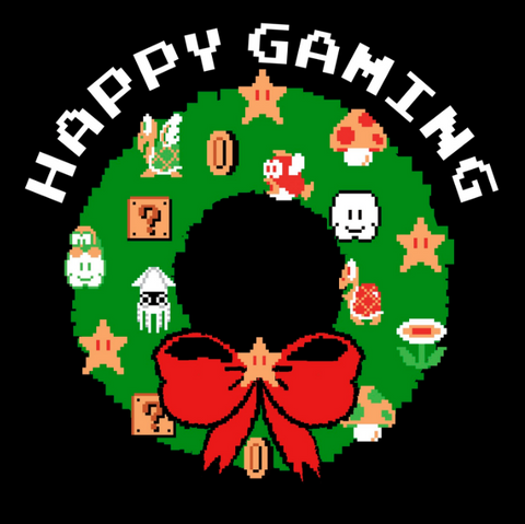 Pixelated wreath with red bow and Nintendo décor with the text, "happy gaming"
