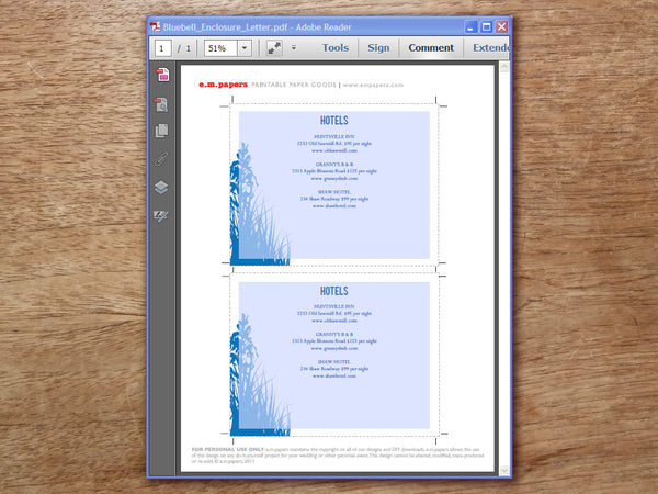 Printable Wedding Information Card - Bluebell