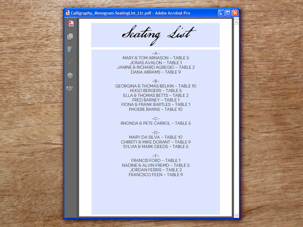 Printable Wedding Seating Sign - Calligraphy Monogram