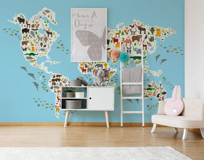 childrens map wall mural wallpaper peel and stick animal cartoon map kids room bedroom 
