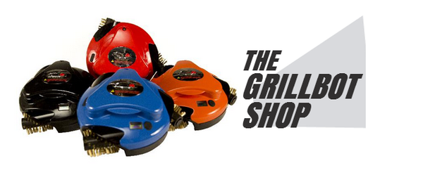 The Grillbot Shop Logo with Black, Blue, Orange & Red Automatic Grillbot