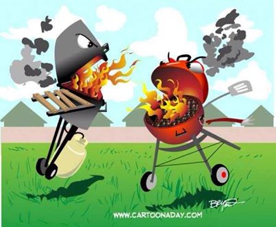 Cartoon of Fiery Grills Fighting One Another