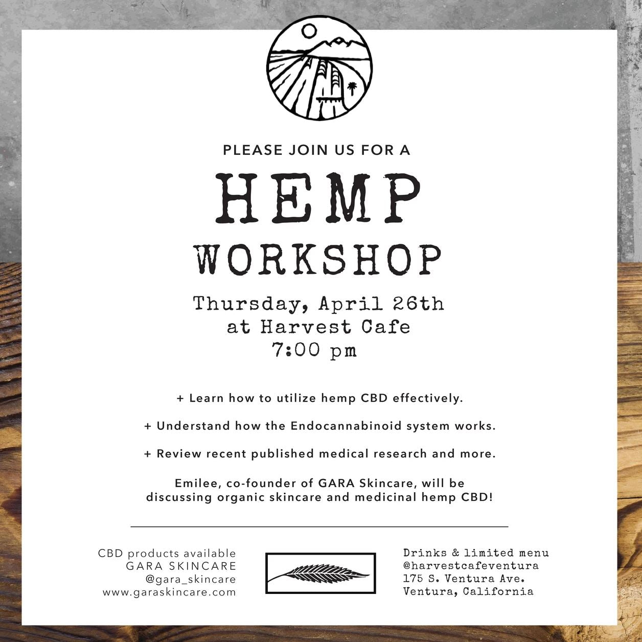hemp workshop with gara graphic showing cbd and natural skincare and health