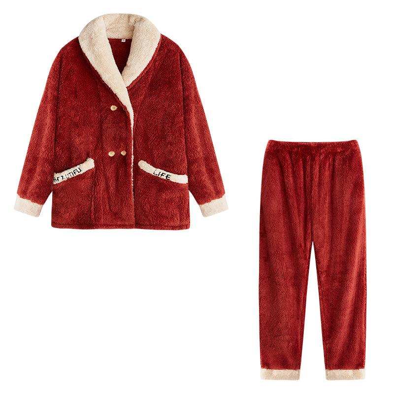 Coral velvet home clothes women's autumn and winter cardigan plus velvet pajamas flannel home clothes warm suit