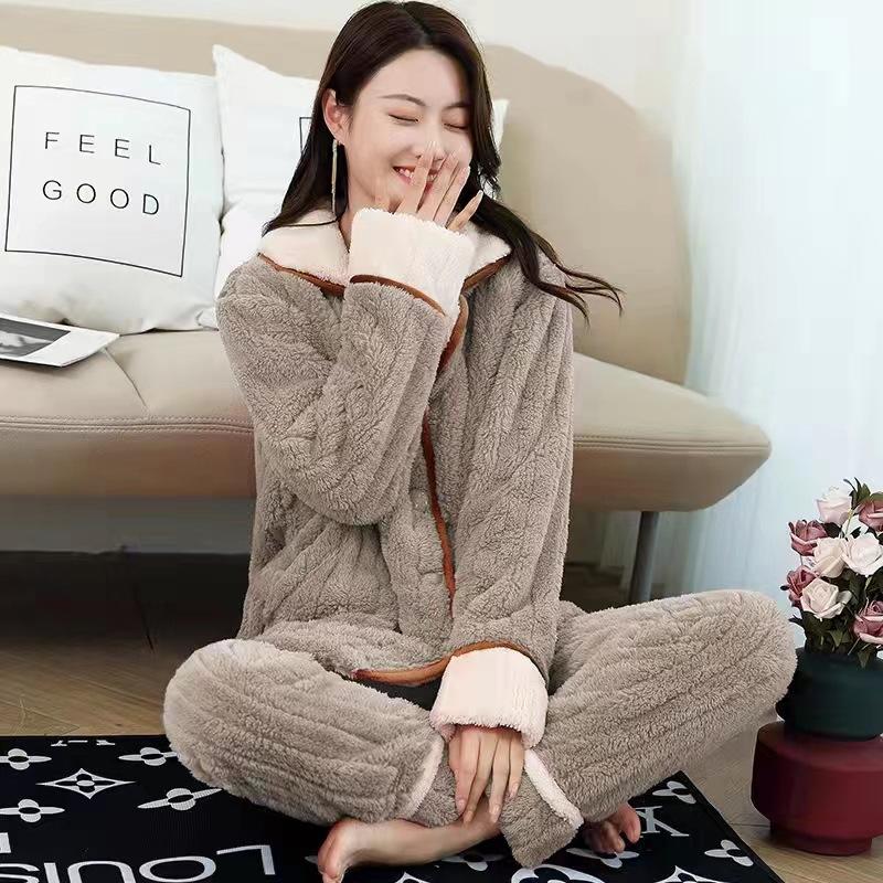 2022 winter new thickened color matching lapel home pajamas women's two-piece suit
