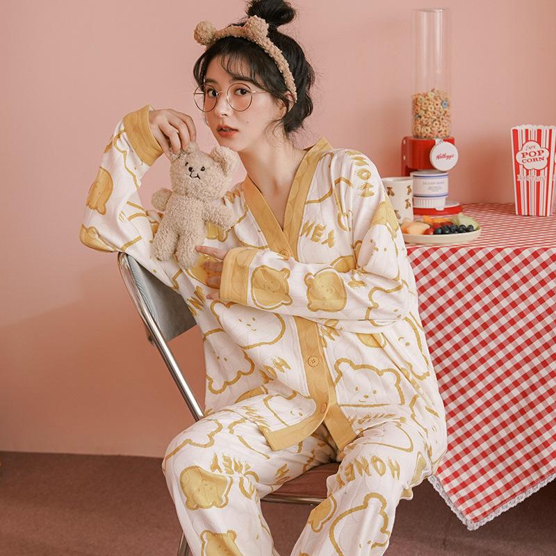 Cotton pajamas women's autumn and winter new two-piece suit cardigan lapel drawstring comfortable loose home clothes can be worn outside