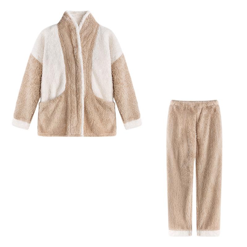 Home clothes contrast color thin coral velvet pajamas women winter thick lamb velvet flannel home clothes