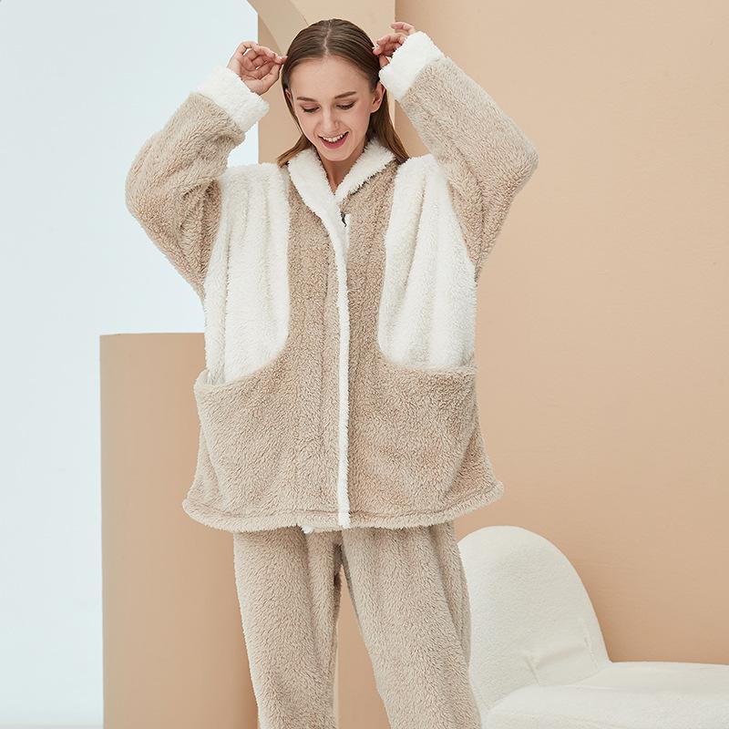 Home clothes contrast color thin coral velvet pajamas women winter thick lamb velvet flannel home clothes