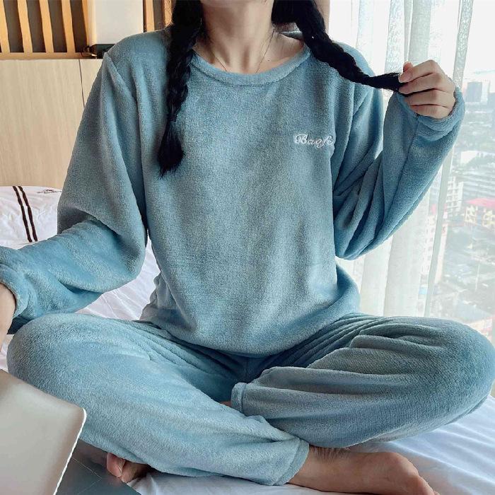 Pajamas women's spring, autumn and winter fairy letters warm set coral velvet thickened plus velvet flannel homewear suit