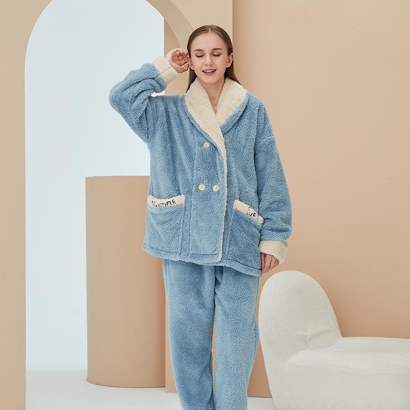 Coral velvet home clothes women's autumn and winter cardigan plus velvet pajamas flannel home clothes warm suit