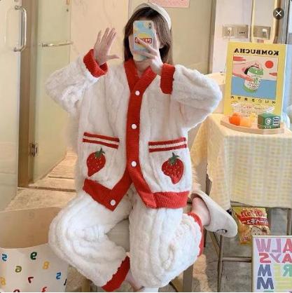 autumn and winter new ladies thickened sweet and cute peach print flannel pajamas set