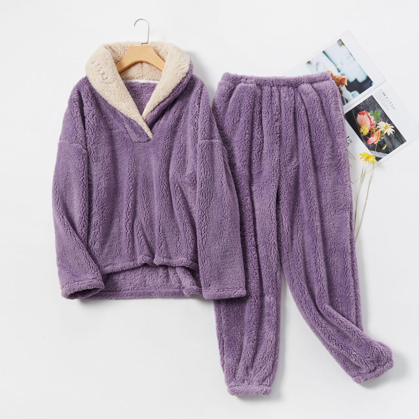 Winter pajamas women's coral fleece pajamas flannel lapel suit thickened home clothes