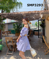 SMT3293 Blue stripe off shoulder dress