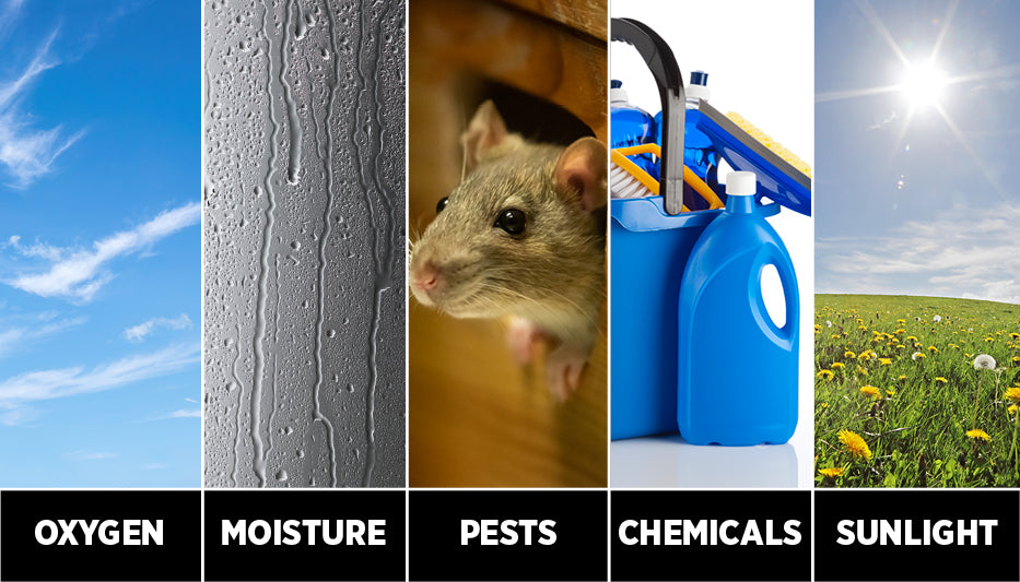 Enemies of shelf life: water, oxygen, pests, chemicals, and sun