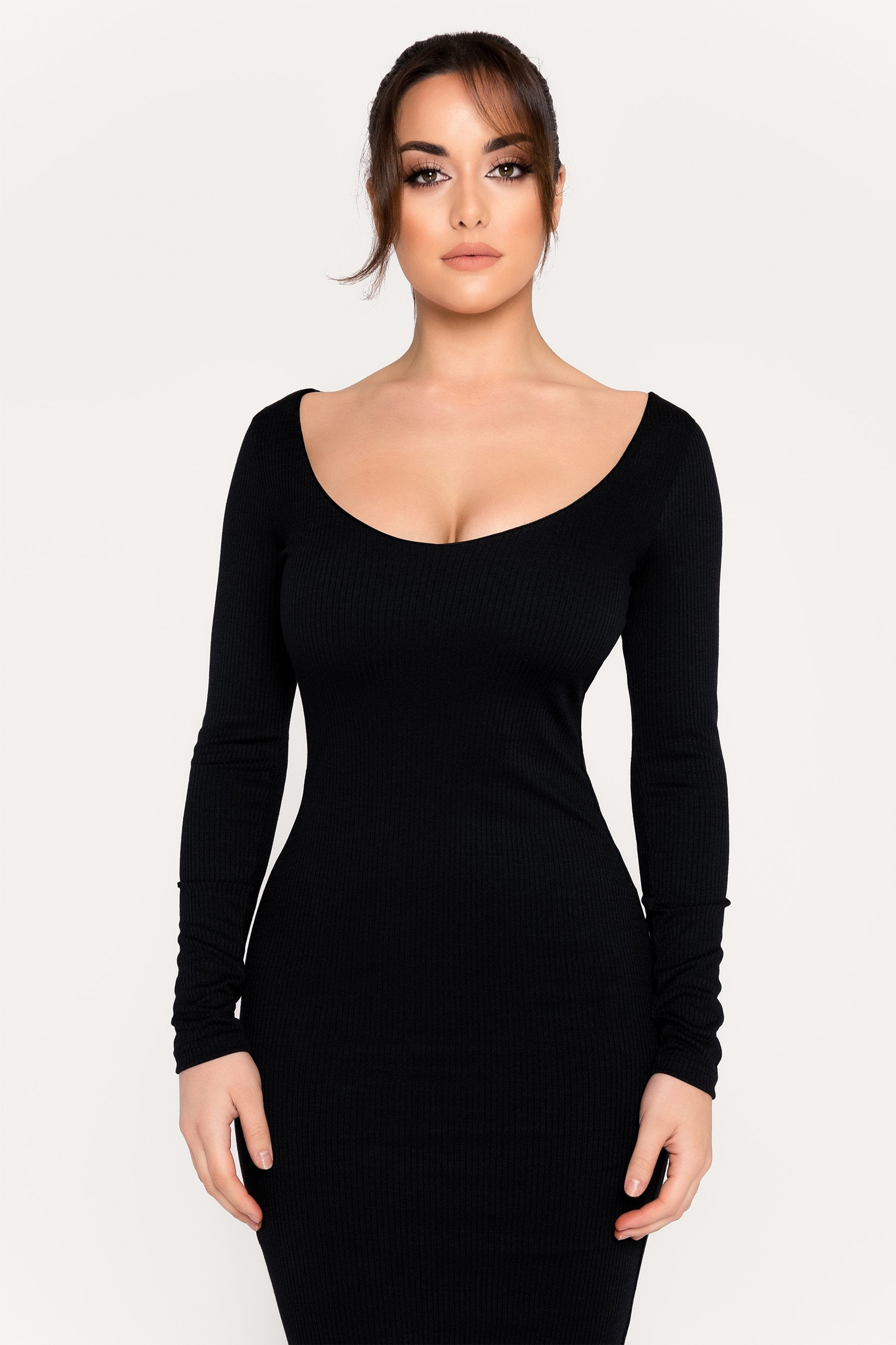 black scoop neck midi dress