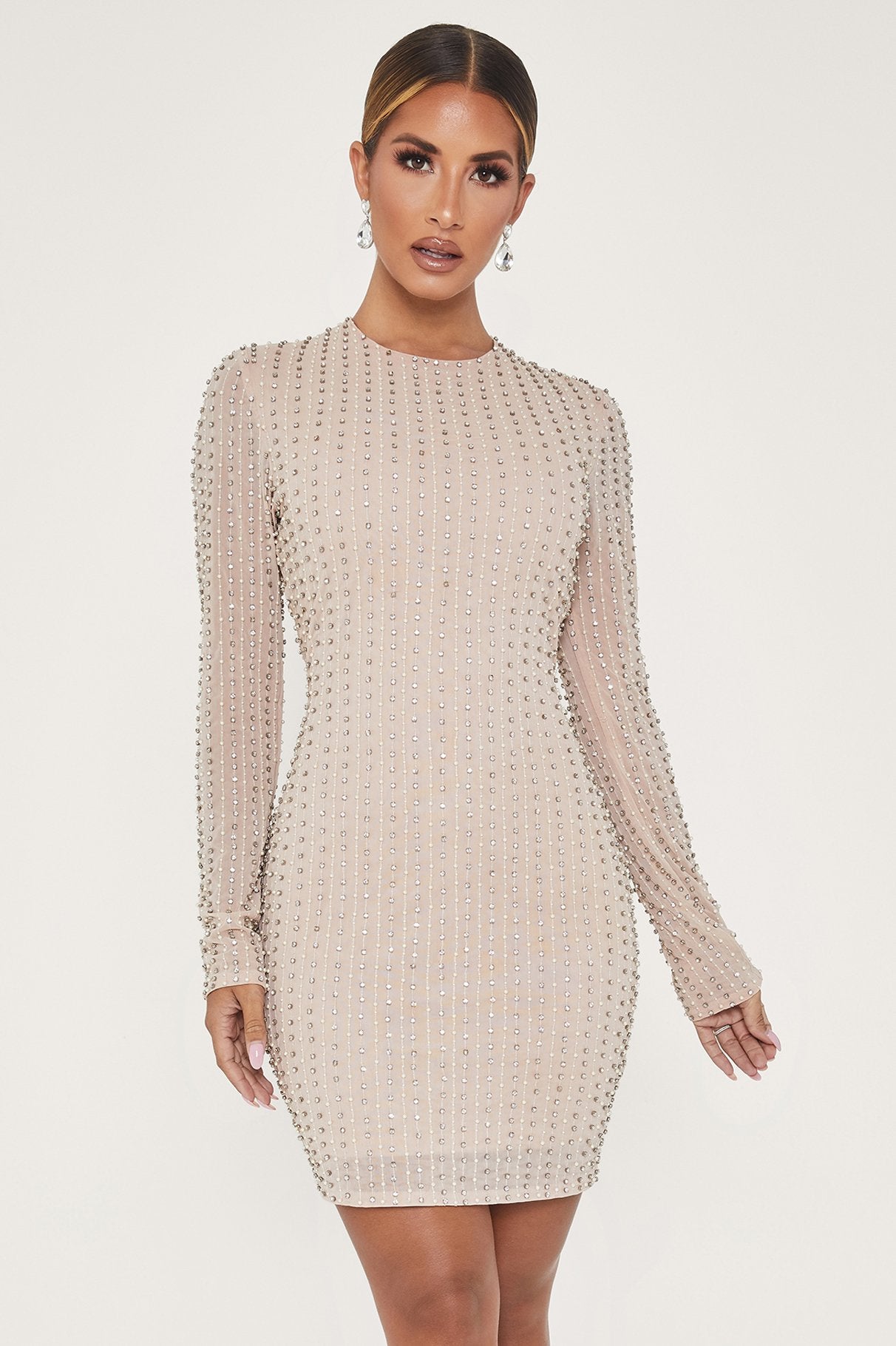 beaded embellished long sleeve bodycon dress