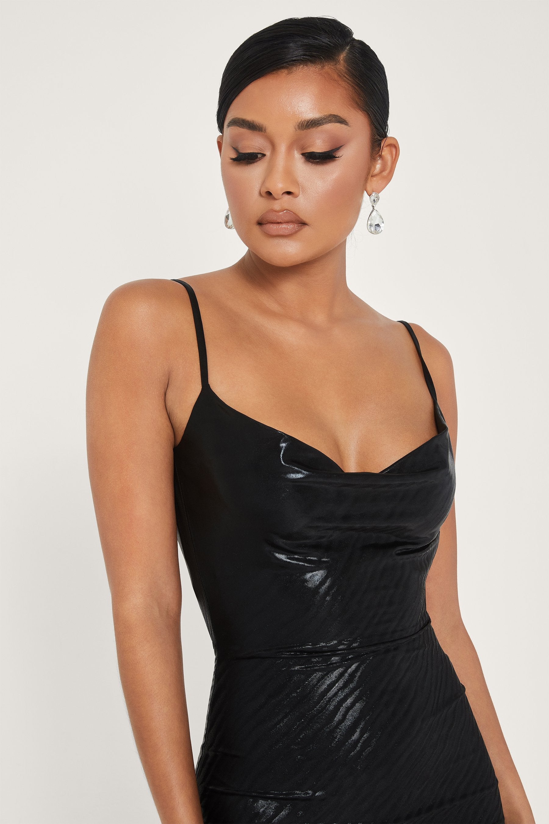 black cowl neck mini dress