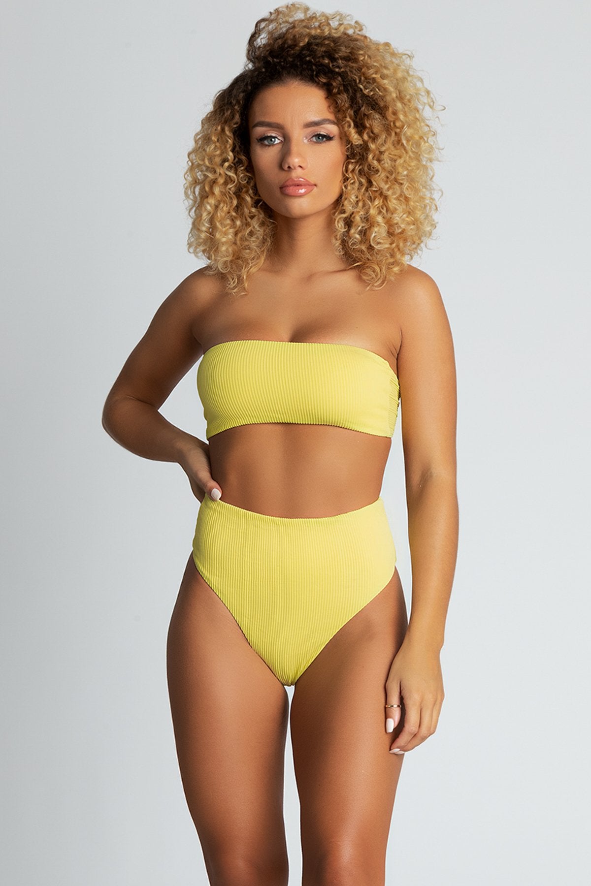 yellow ribbed bandeau bikini