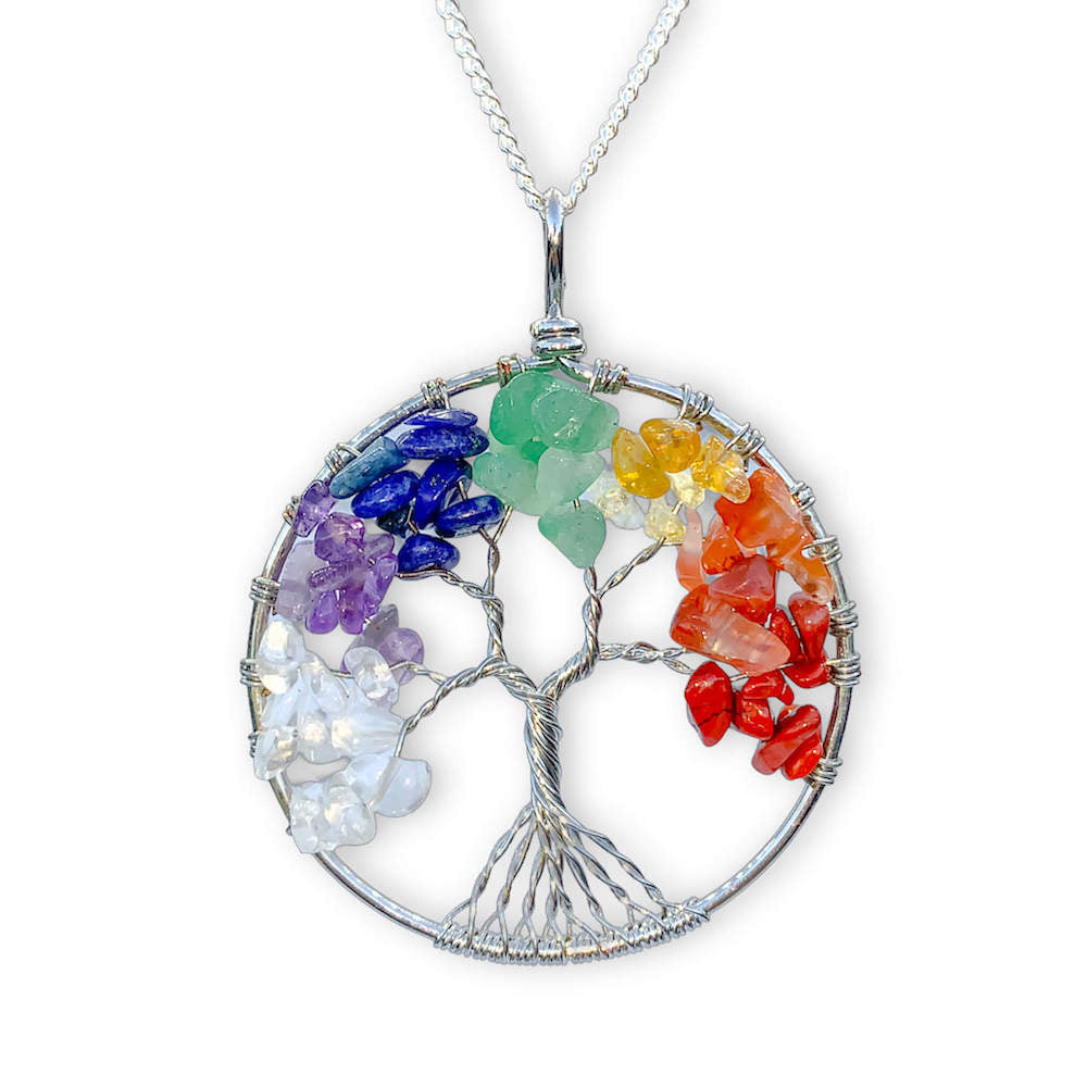 Techson Tree of Life Necklace Pendant Handmade Natural Healing Reiki Crystal Jewelry 7 Chakra Gemstone Wire Wrap Necklace