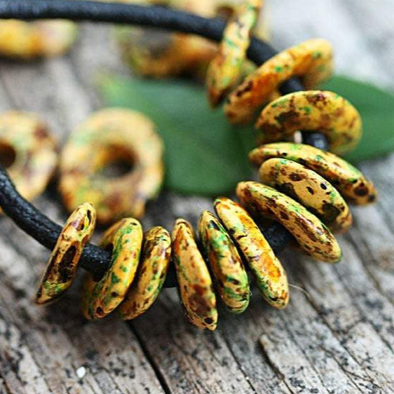 donut Ocher Yellow brown green mixed color 10mm greek Ceramic beads 20pc 0815 washer Yellow Cornflake rondelle beads