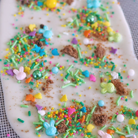 Easter Sprinkle Chocolate Bark Shards with Sugar Lips Egg Hunt and Hop Hop Hop sprinkles