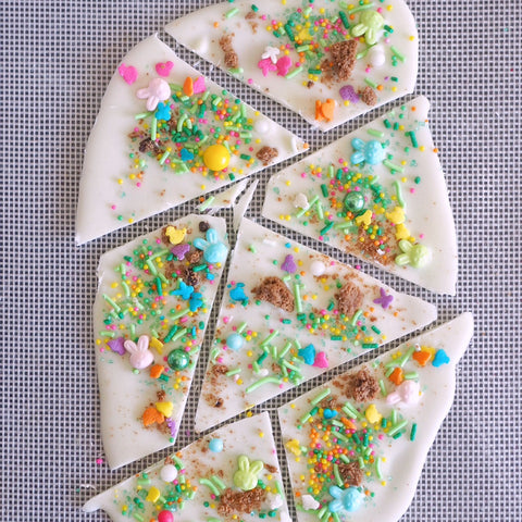 Easter Sprinkle Chocolate Bark Shards with Sugar Lips Egg Hunt and Hop Hop Hop sprinkles 