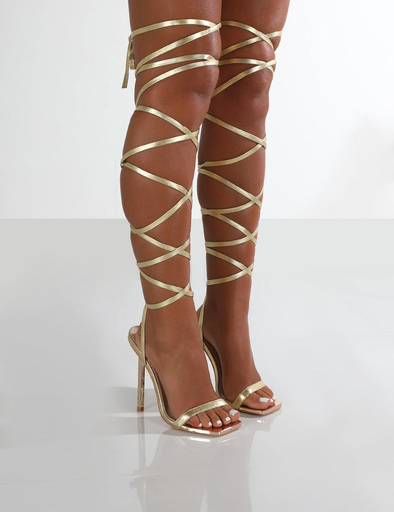 gold thigh high lace up heels