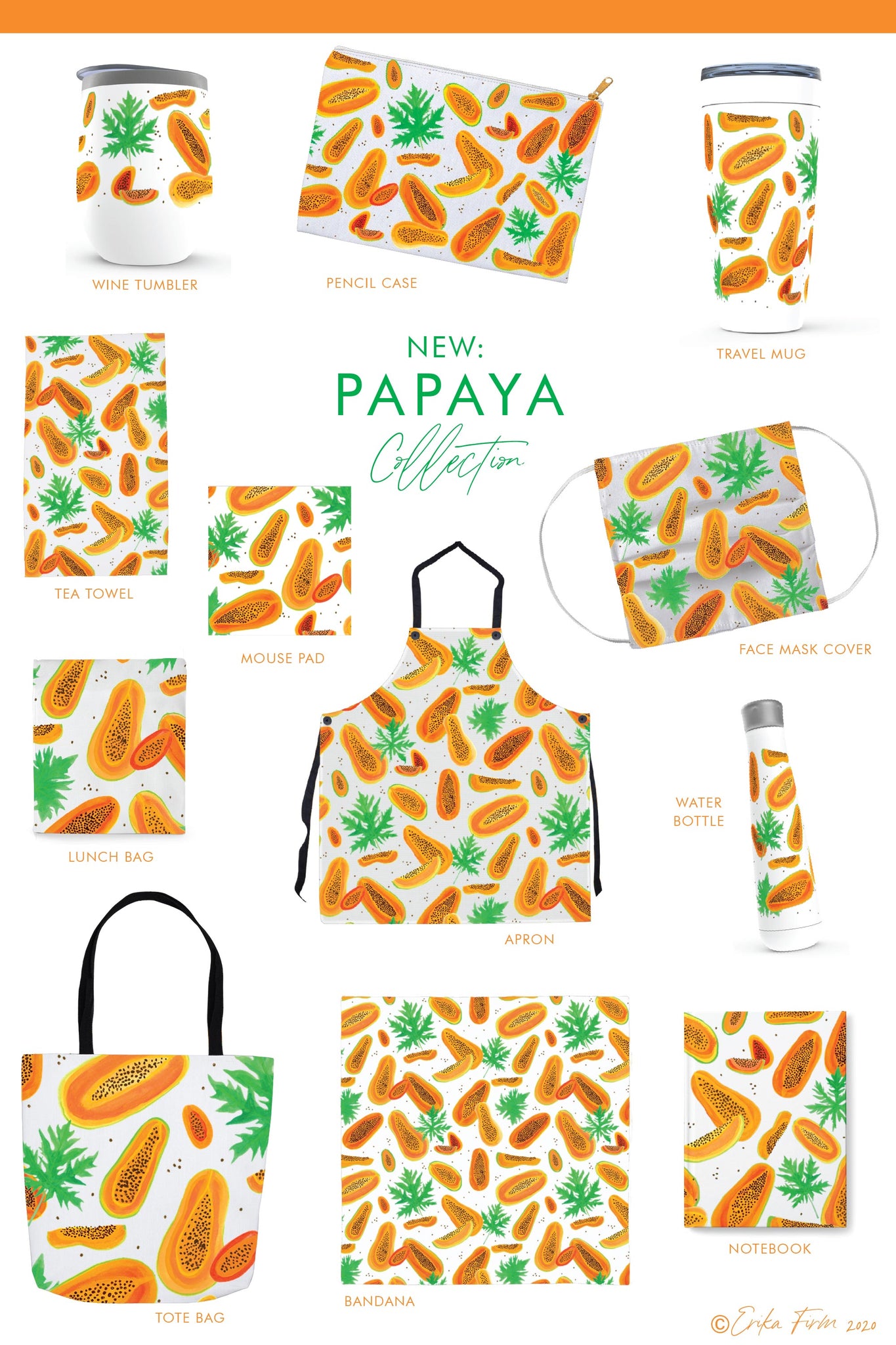 New Papaya Pattern Collection of face masks, tote bags, tea towels, aprons, notebooks, water bottles, travel mugs, and more, by South Carolina artist Erika Firm