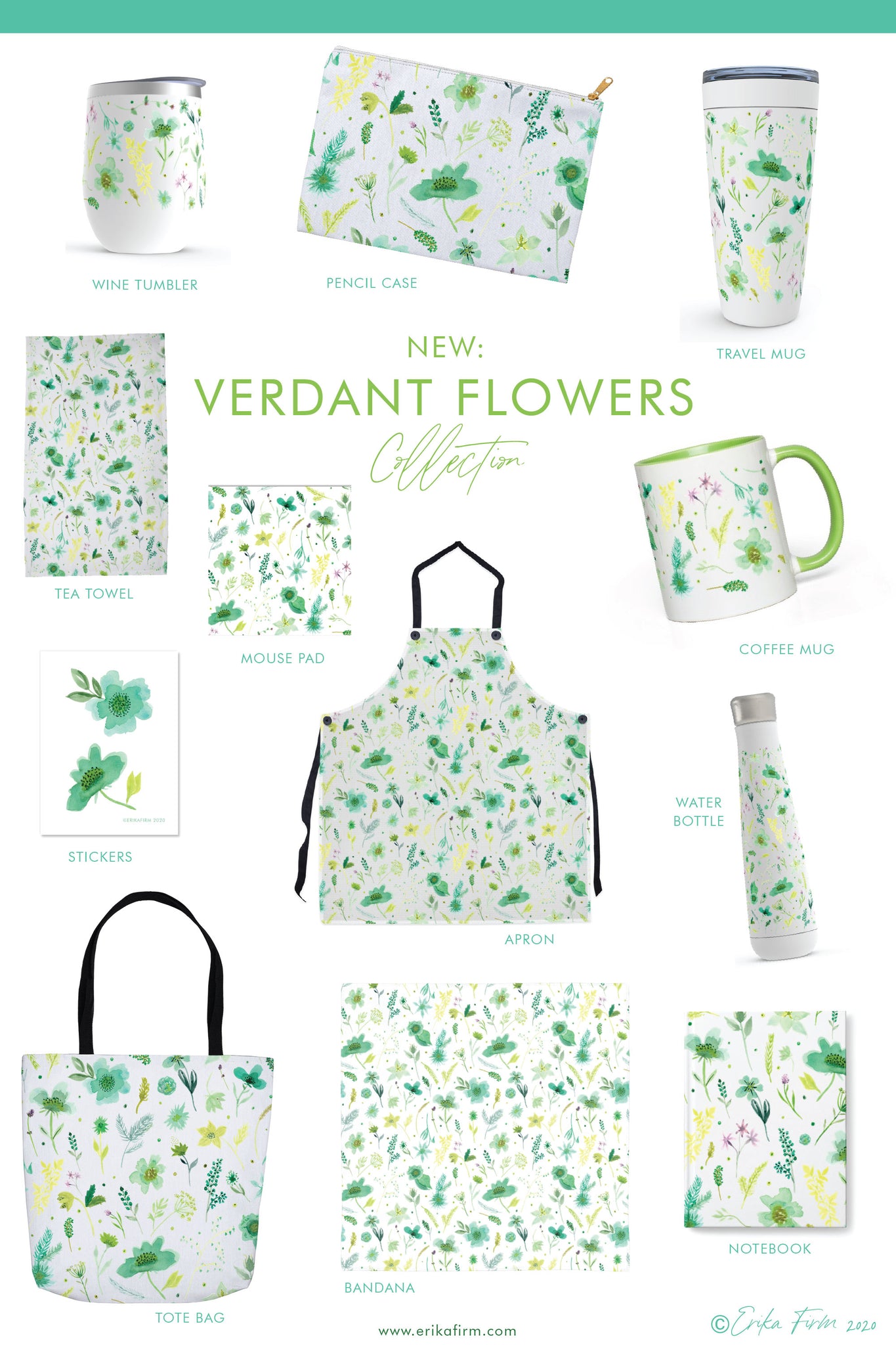 New Verdant Flowers Collection of gifts by Erika Firm featuring floral wine tumblers, drinkware, pencil cases, tea towels, stickers, tote bags, and note books