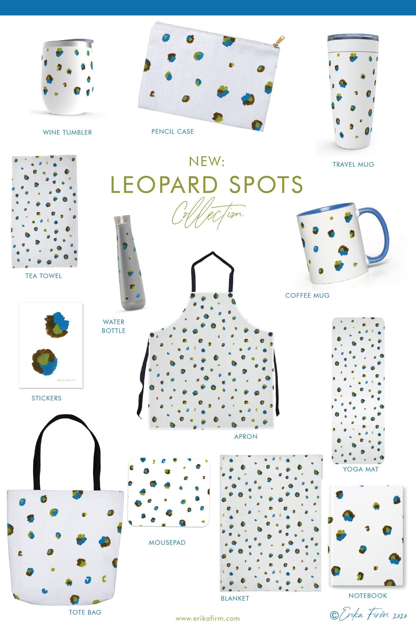 Leopard Spots Pattern Collection of drinkware, tea towels, yoga mats and gifts by Erika Firm