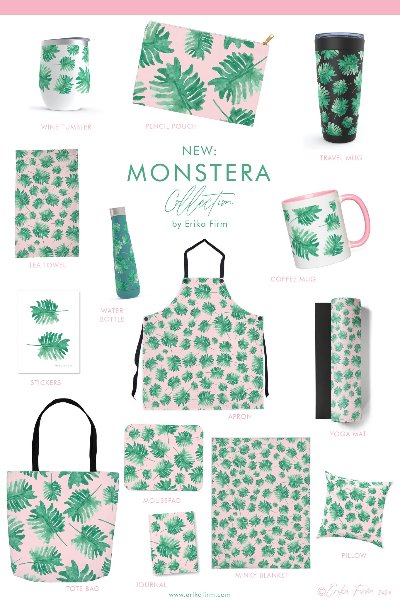 Monstera Leaf Plants on Pink gift collection by South Carolina artist Erika Firm