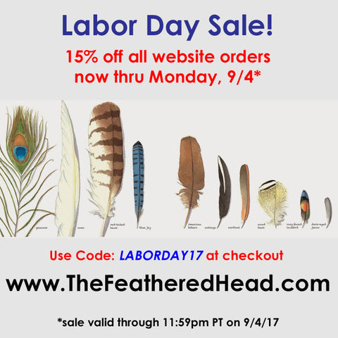 Labor Day FLASH Sale 15% off all website orders on TheFeatheredHead.com!