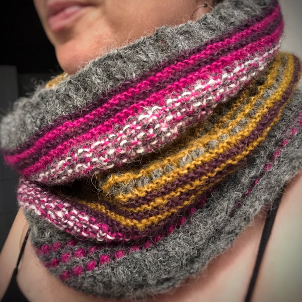 arabella cowl in pink, yellow, white and grey